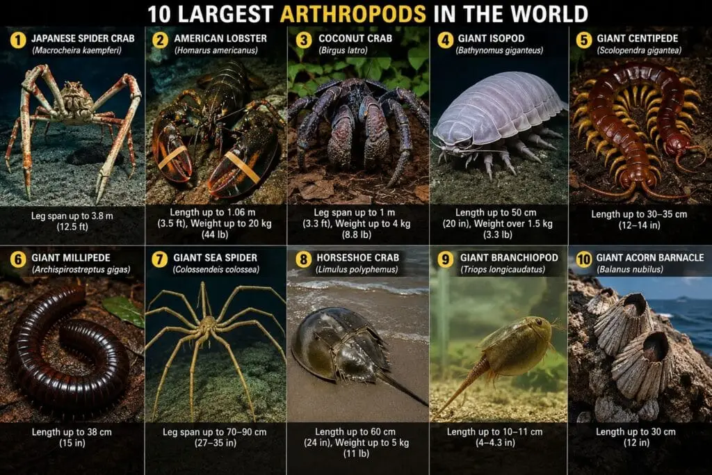 Infographic titled 10 Largest Arthropods in the World, featuring images and key size measurements for 10 species