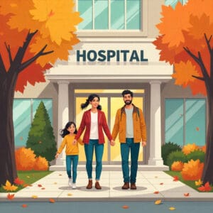 health insurance family walking front of hospital vector image