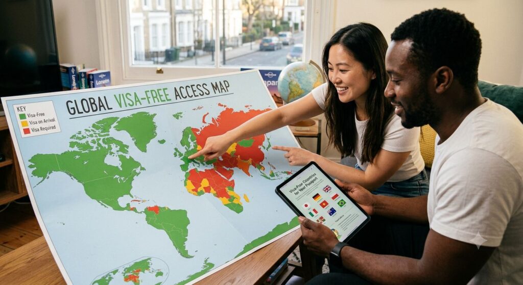 visa-free map, two people studying