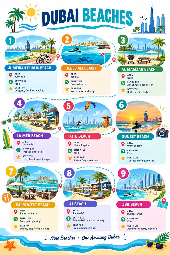 Infographic listing nine popular Dubai beaches with their locations, entry fees, and main activities