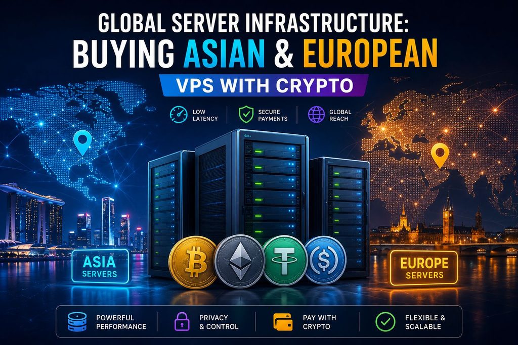 Global server infrastructure with Asian and European VPS locations and cryptocurrency payments